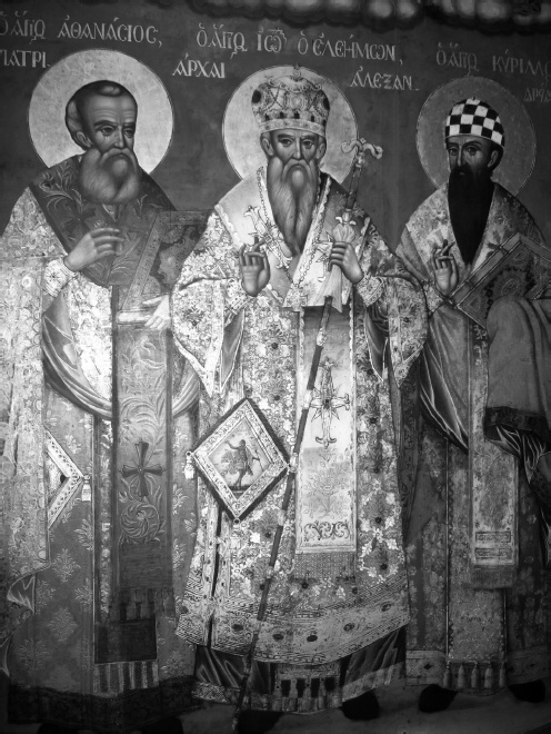 Икона: Св. Атанасий, св. Йоан Милостиви и св. Кирил Александрийски